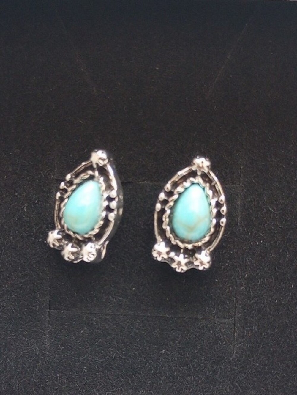 Turquoise Teardrop Silvertone Stud Earrings Women Jewelry